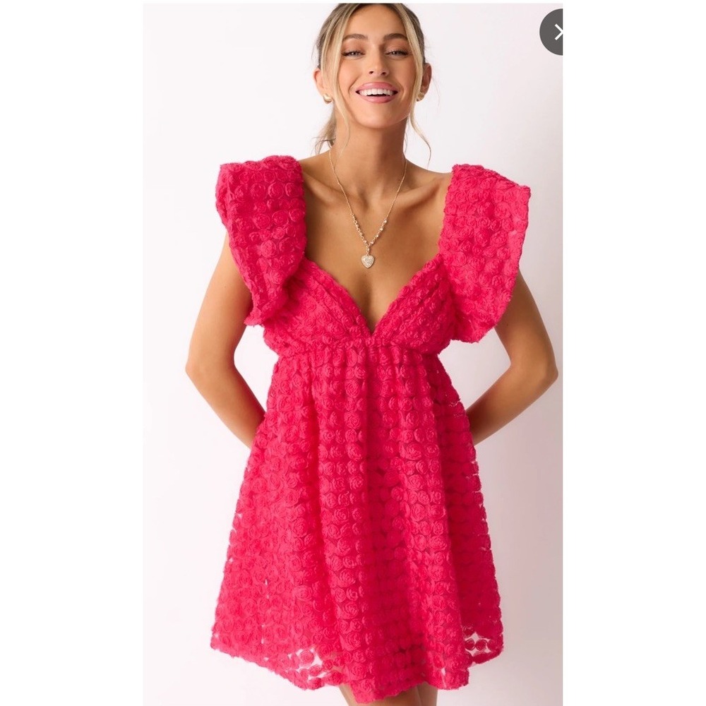 Meet me in Santorini Rosebud Babydoll Mini Dress Ruffle Cap Sleeve Tie Back Sz M